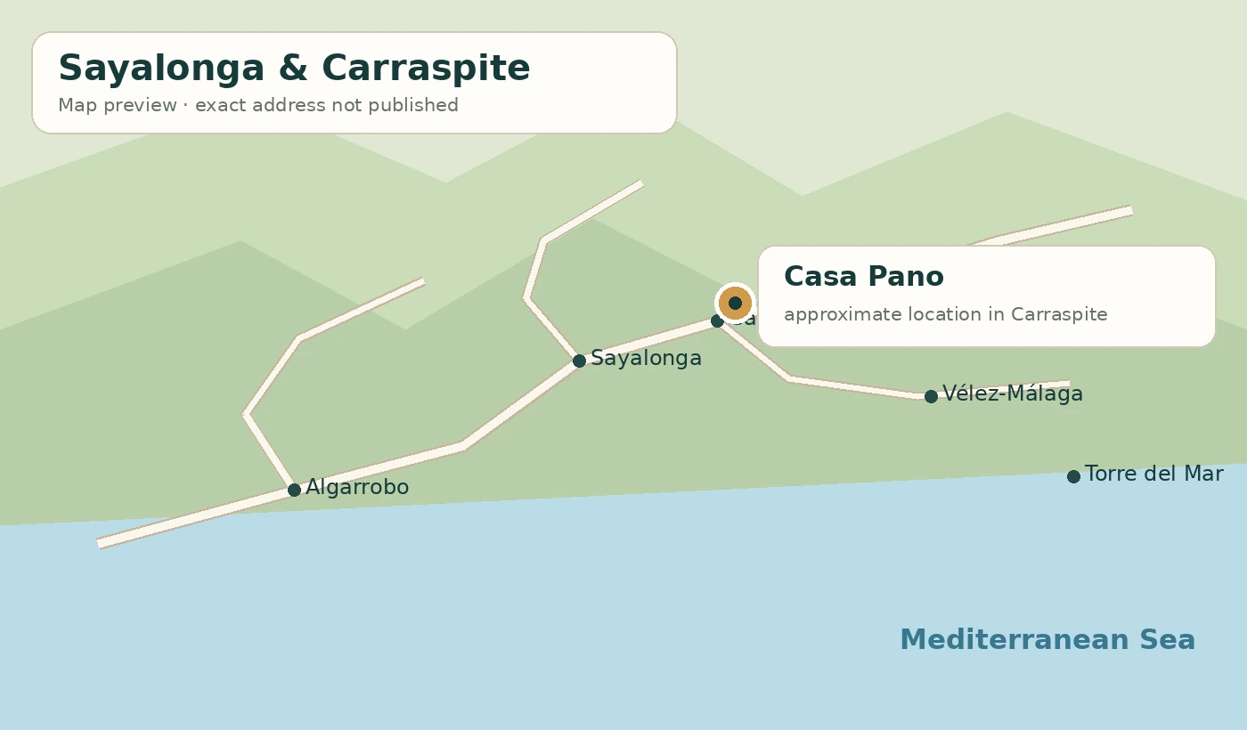Map preview of the Sayalonga and Carraspite area with the approximate location of Casa Pano