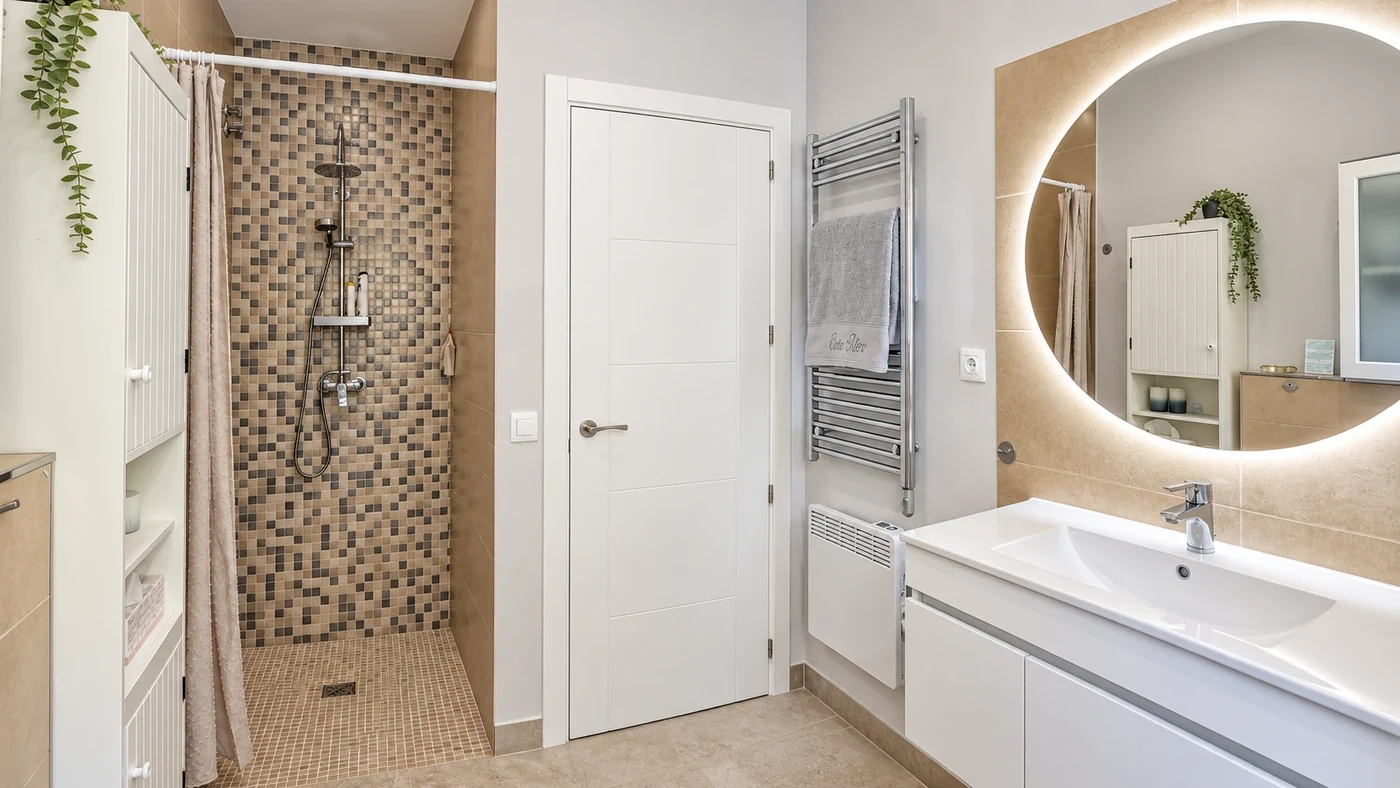 Modernes Badezimmer mit Rundspiegel