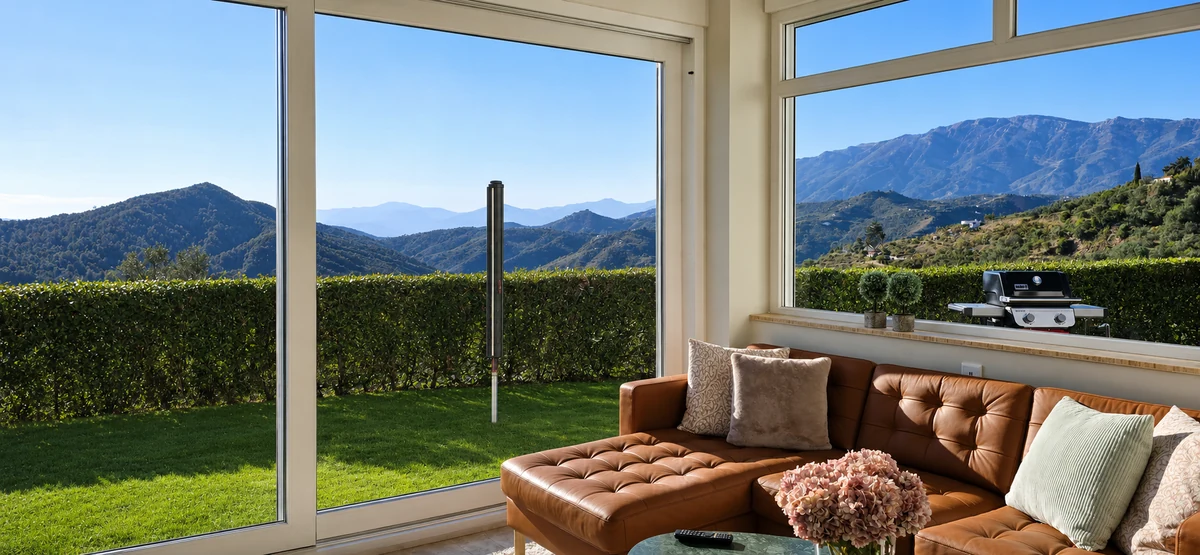 Sitzbereich im verglasten Panorama-Wohnzimmer